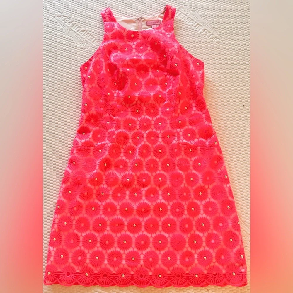 LILLY PULITZER Neon Pink Floral Pinwheel Lace & Pearl Mini Shift Dress